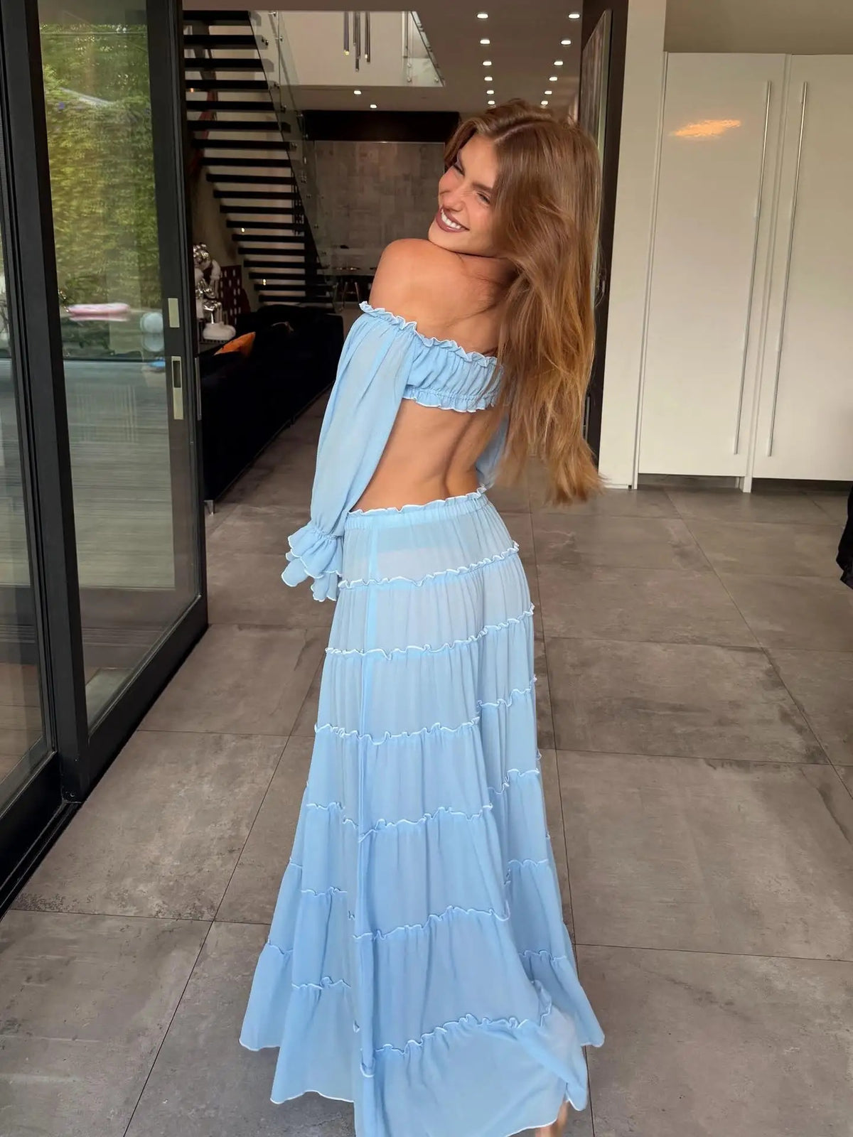 Conjunto Saia Fluida e Cropped Ombro a Ombro - Resort l CAROL ESPAÇO FASHION