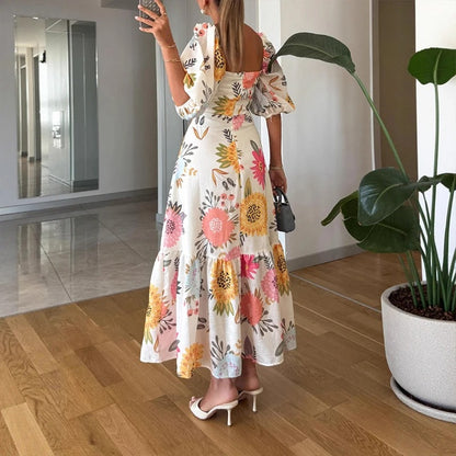 Vestido Longo Estampado Com Mangas