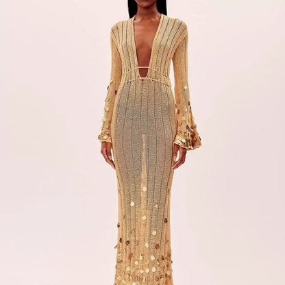 Saída Vestido Longo Glamour Dourado com Paetês