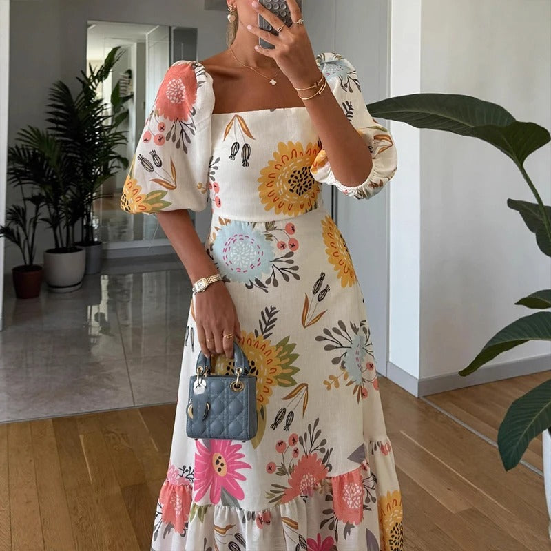Vestido Longo Estampado Com Mangas