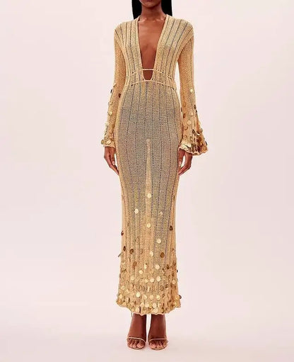 Saída Vestido Longo Glamour Dourado com Paetês