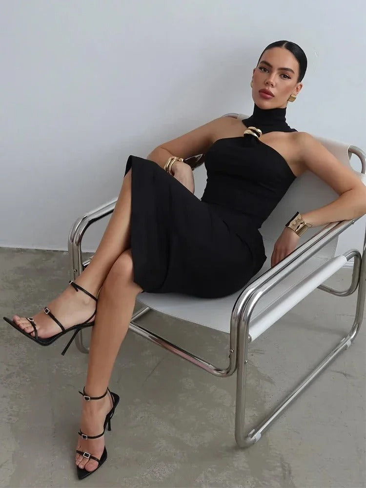 Vestido Preto Contemporânea Midi