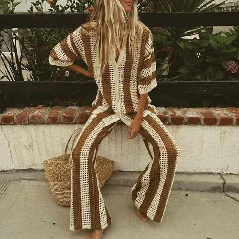 Conjunto Tricô Listrado Camisa e Calça