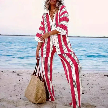Conjunto Tricô Listrado Camisa e Calça