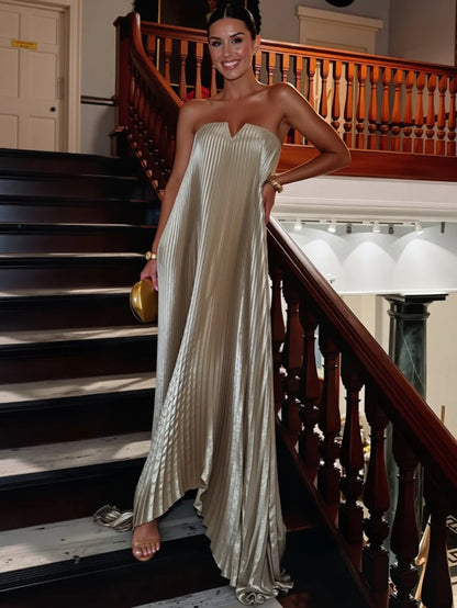 Vestido Plissado Longo Assimétrico Metalizado