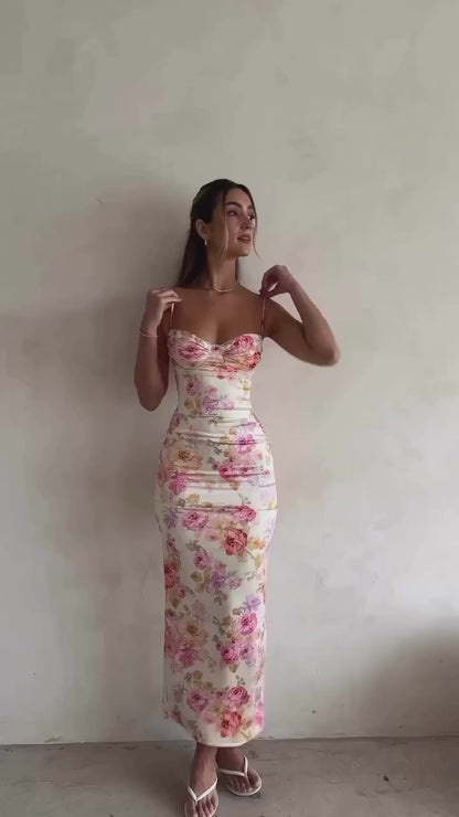 Vestido Midi Floral com Alças Finas - Moda Festa l CAROL ESPAÇO FASHION