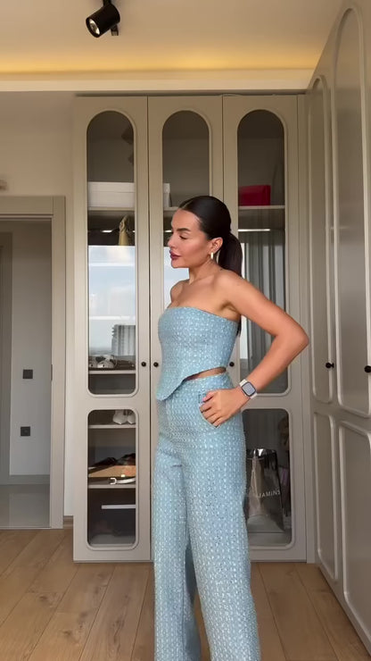 Conjunto Feminino Calça e Cropped Jeans Paetê