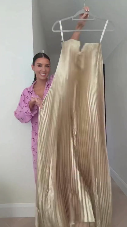 Vestido Plissado Longo Assimétrico Metalizado