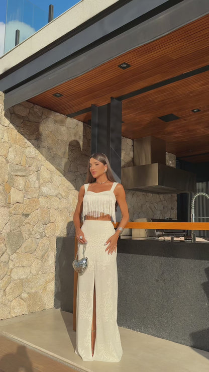 Conjunto Mirage  Cropped de Franjas e Saia Longa em Floral com Fenda