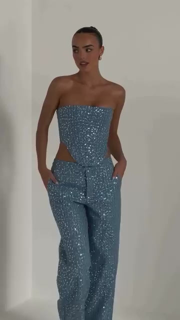 Conjunto Feminino Calça e Cropped Jeans Paetê