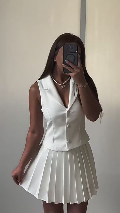 Conjunto Colete + Saia Plissada Branco - Alfaiataria l CAROL ESPAÇO FASHION