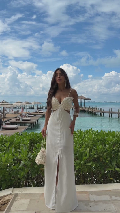 Vestido Amélia Longo Fluido com Busto Esculpido e Franja