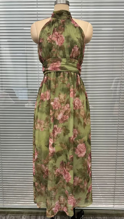 Vestido Longo Floral com Gola Halter - Moda Festa l CAROL ESPAÇO FASHION